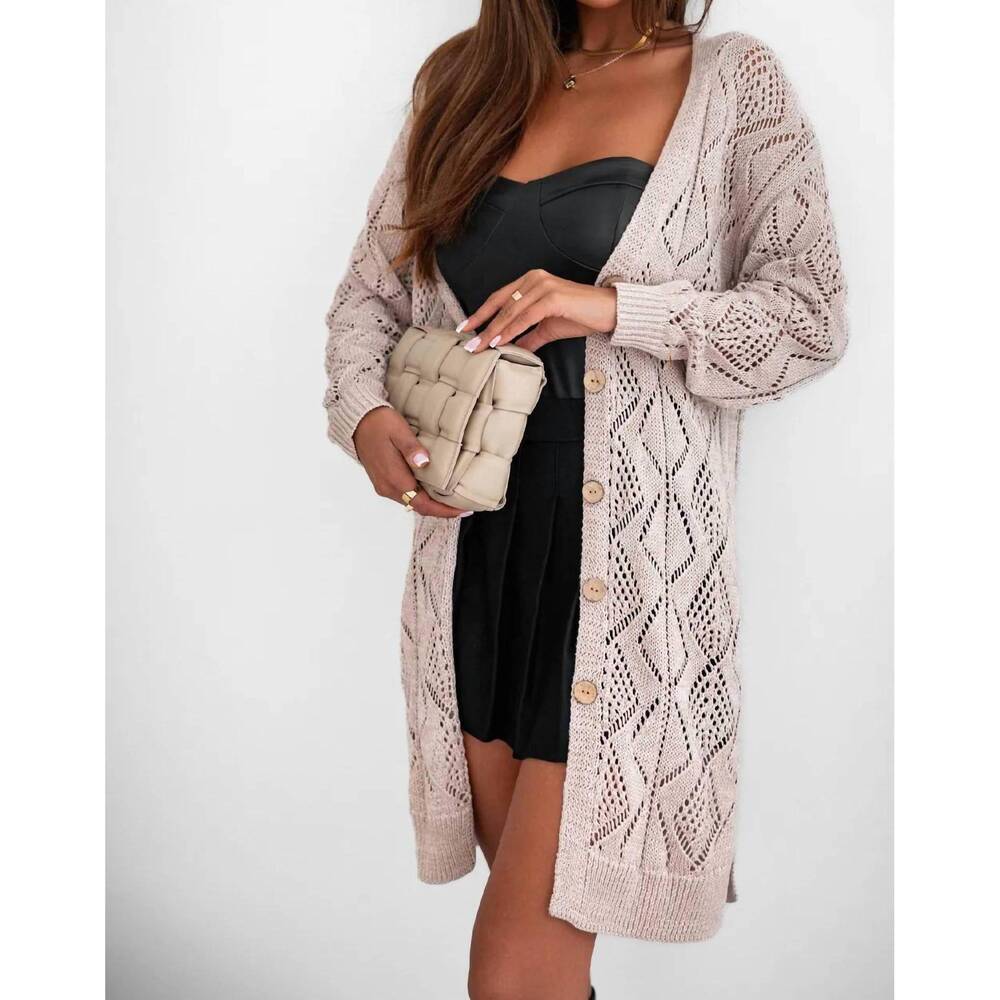 NEW THREADED PEAR hollow-out openwork knit cardigan in khaki